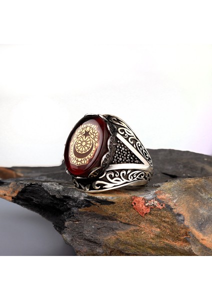 Kehribar Taşlı Ay Yıldız Model 925 Ayar Gümüş Erkek Yüzük modelleri