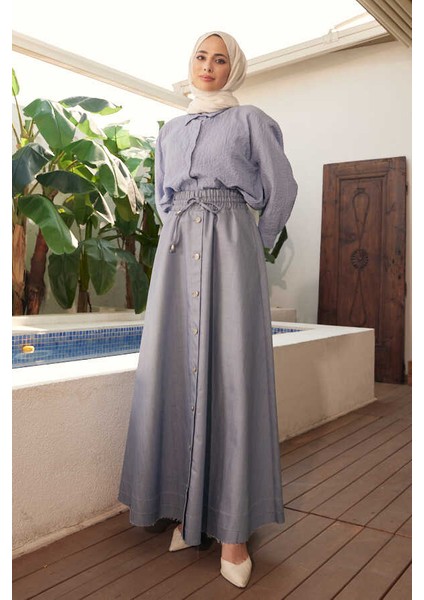 2215-NESTA Denim Düğmeli Mevlana Etek Mavi