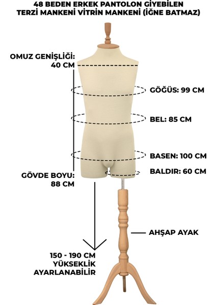 Pantolon Giyebilen 48 Beden Erkek Vitrin Amaçlı Terzi Mankeni Vitrin Mankeni (Iğne Batmaz) fiyatları