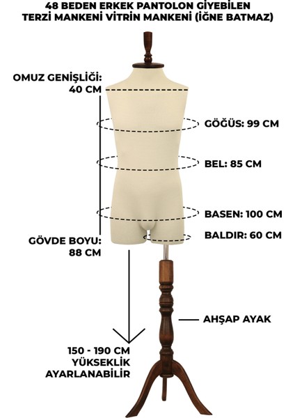 Pantolon Giyebilen 48 Beden Erkek Vitrin Amaçlı Terzi Mankeni Vitrin Mankeni (Iğne Batmaz) fiyatları