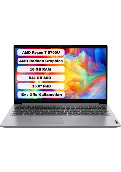 Ideapad 1 15ALC7 Amd Ryzen 7 5700U 16GB 512GB SSD Freedos 15.6" Fhd Taşınabilir Bilgisayar 82R4006GTR