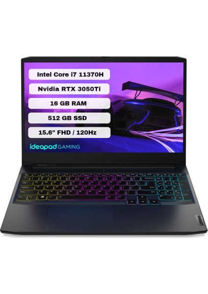 Ideapad Gaming 3 15IHU6 Intel Core I7 11370H 16GB 512GB SSD Rtx 3050TI Freedos 15.6" Fhd Taşınabilir Bilgisayar 82K101J9TX