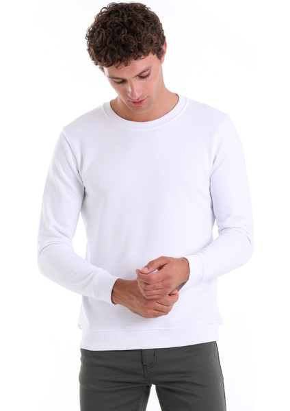 Beyaz Regular Fit Düz Pamuklu Bisiklet Yaka Sweatshirt