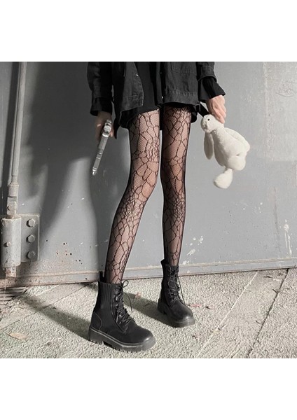 Punk Gothic Lolita Örümcek Ağ Desenli Fileli Külotlu Çorap