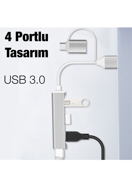 Ally A-806 4in1 Type-C + USB Girişli USB 3.0 Çoğaltıcı Hub Adaptör Çevirici