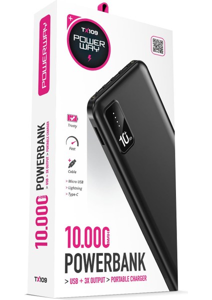 10.000 Mah Kablolu Dijital Göstergeli 10.000 Mah Garantili Dahili Stand TX109 Siyah Powerbank