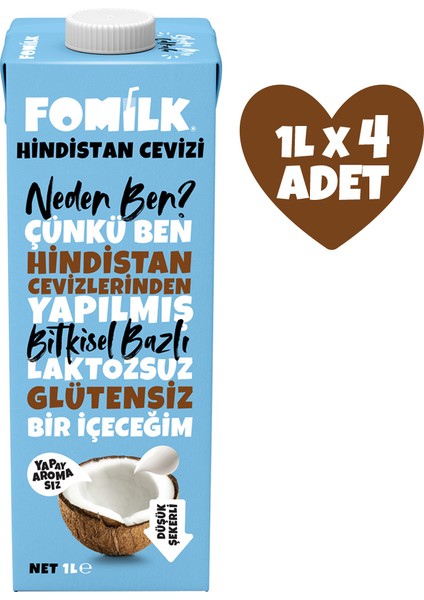 Hindistan Cevizi Sütü 1 L X4 Glutensiz Bitkisel Bazlı Laktozsuz Vegan