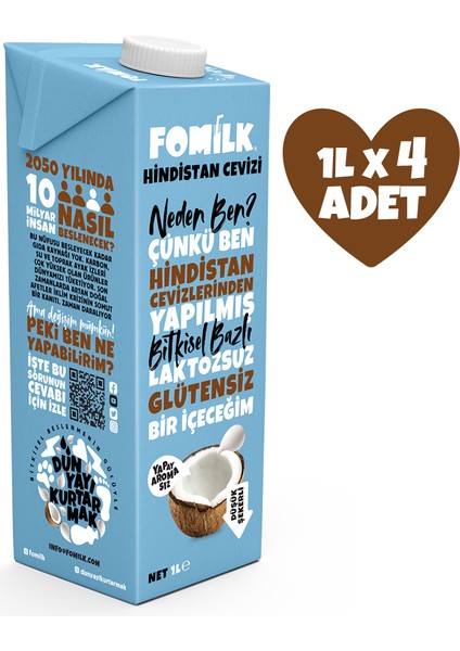 Hindistan Cevizi Sütü 1 L X4 Glutensiz Bitkisel Bazlı Laktozsuz Vegan fiyatları