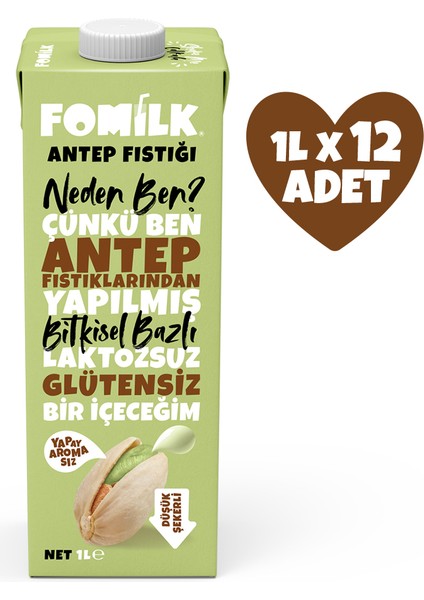 Antep Fıstığı Sütü 1 L X12 Glutensiz Bitkisel Bazlı Laktozsuz Vegan