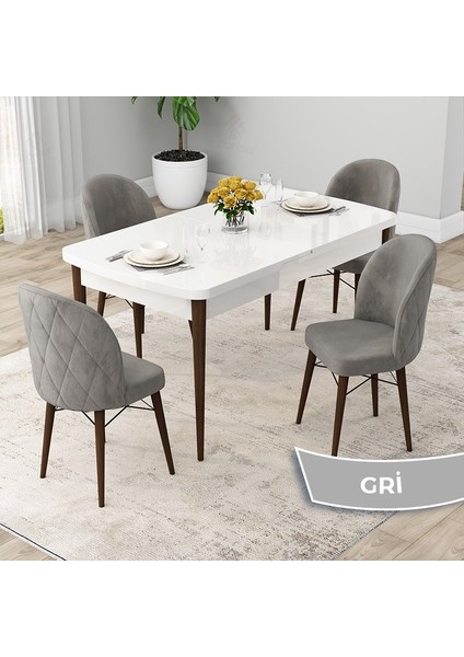 Concept Rut Serisi Açılabilir 80X132 Beyaz Masa Ceviz Ayak Mutfak Masası Takımı ve 4 Sandalye