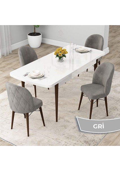 Concept Rut Serisi Açılabilir 80X132 Beyaz Masa Ceviz Ayak Mutfak Masası Takımı ve 4 Sandalye