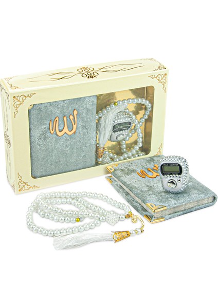 Taşlı Zikirmatik - Mini Kadife Yasin - Inci Tesbihli Set - Gri Renk