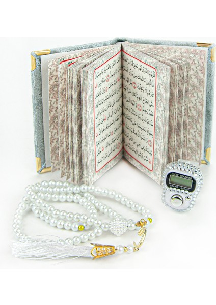 Taşlı Zikirmatik - Mini Kadife Yasin - Inci Tesbihli Set - Gri Renk