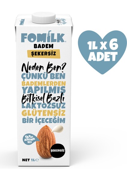 Badem Sütü 1 L X6 Glutensiz Bitkisel Bazlı Laktozsuz Vegan Şekersiz