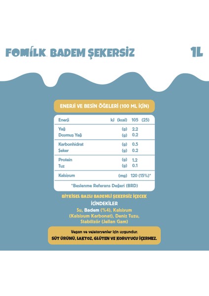 Badem Sütü 1 L X6 Glutensiz Bitkisel Bazlı Laktozsuz Vegan Şekersiz