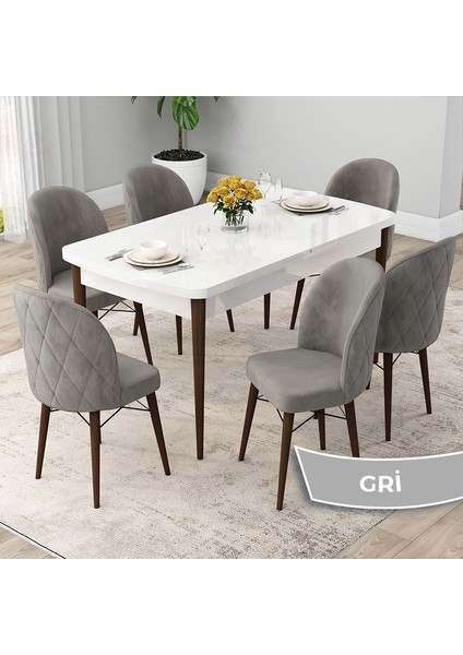 Concept Rut Serisi Açılabilir 80X132 Beyaz Masa Ceviz Ayak Mutfak Masası Takımı ve 6 Sandalye