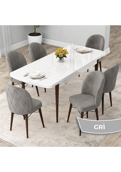 Concept Rut Serisi Açılabilir 80X132 Beyaz Masa Ceviz Ayak Mutfak Masası Takımı ve 6 Sandalye