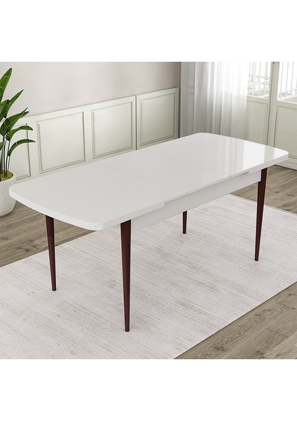 Concept Rut Serisi Açılabilir 80X132 Beyaz Masa Ceviz Ayak Mutfak Masası Takımı ve 6 Sandalye