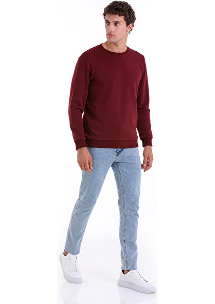 Bordo Regular Fit Düz Pamuklu Bisiklet Yaka Sweatshirt