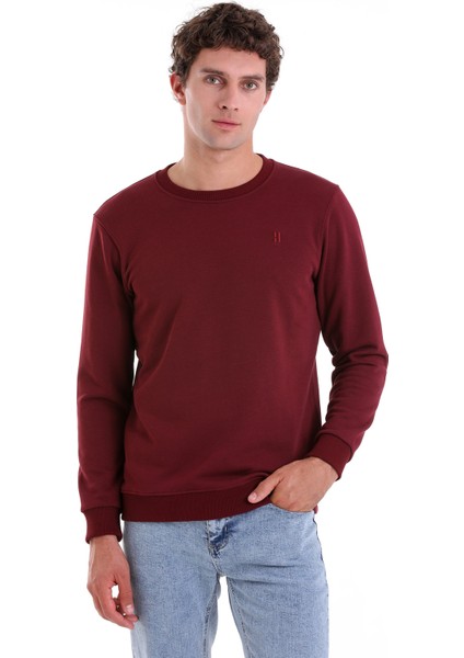 Bordo Regular Fit Düz Pamuklu Bisiklet Yaka Sweatshirt