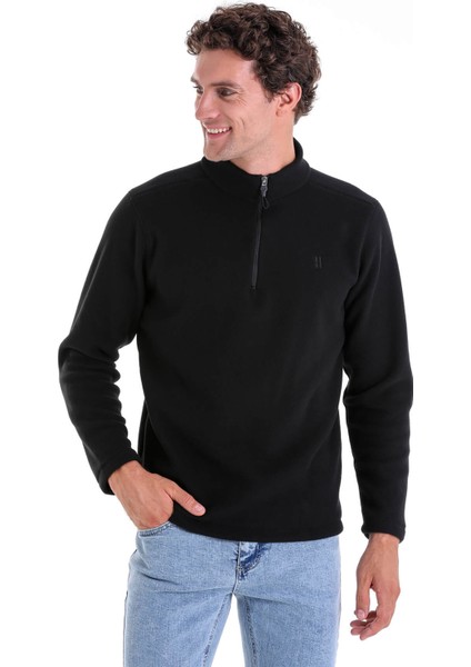 Siyah Regular Fit Yarım Balıkçı Yaka Fermuarlı Polar Sweatshirt