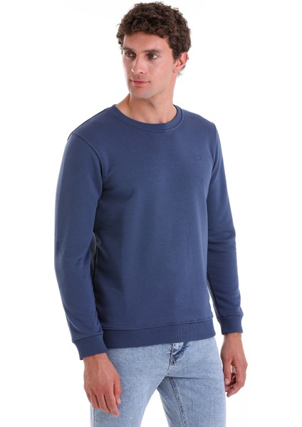 Indigo Regular Fit Düz Pamuklu Bisiklet Yaka Sweatshirt