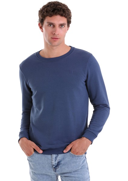 Indigo Regular Fit Düz Pamuklu Bisiklet Yaka Sweatshirt