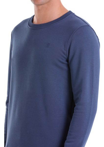 Indigo Regular Fit Düz Pamuklu Bisiklet Yaka Sweatshirt