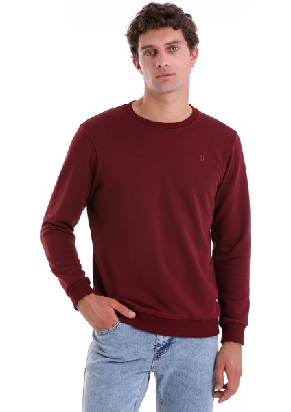 Bordo Regular Fit Düz Pamuklu Bisiklet Yaka Sweatshirt