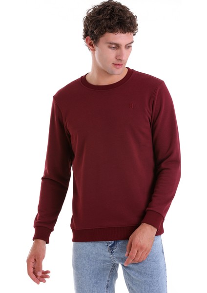 Bordo Regular Fit Düz Pamuklu Bisiklet Yaka Sweatshirt fırsatları