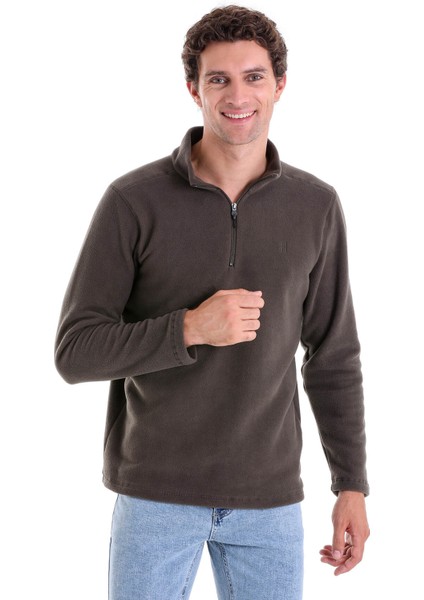 Haki Regular Fit Yarım Balıkçı Yaka Fermuarlı Polar Sweatshirt