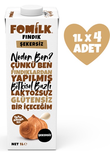 Fındık Sütü 1 L X4 Glutensiz Bitkisel Bazlı Laktozsuz Vegan Şekersiz
