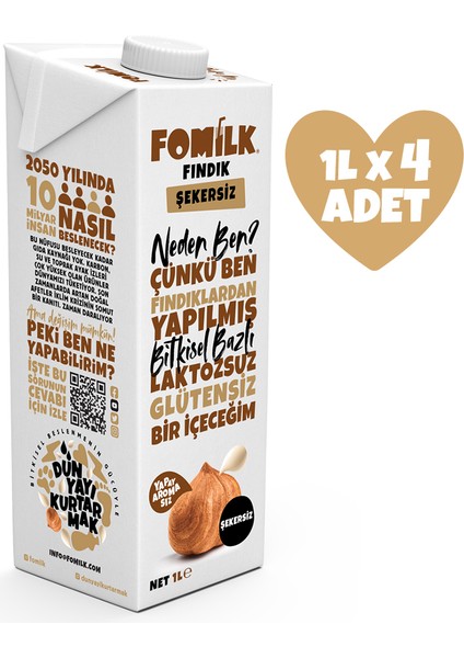 Fındık Sütü 1 L X4 Glutensiz Bitkisel Bazlı Laktozsuz Vegan Şekersiz
