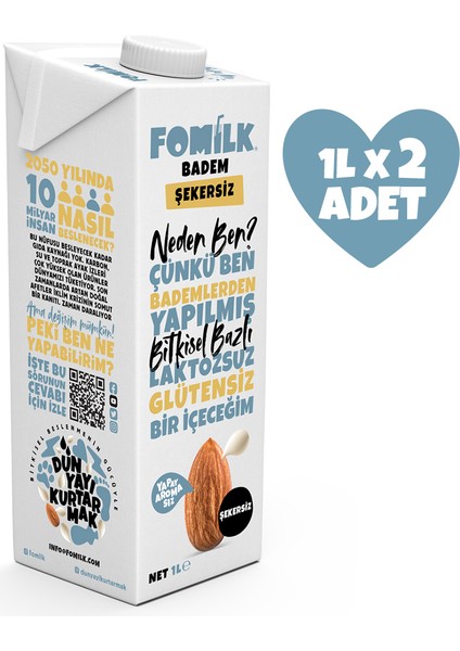 Badem Sütü 1 L X2 Glutensiz Bitkisel Bazlı Laktozsuz Vegan Şekersiz