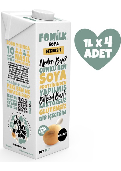 Soya Sütü 1 L X4 Glutensiz Bitkisel Bazlı Laktozsuz Vegan Şekersiz