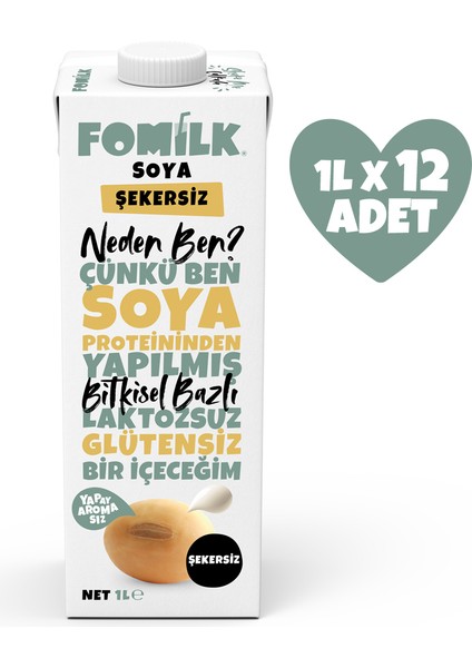 Soya Sütü 1 L X12 Glutensiz Bitkisel Bazlı Laktozsuz Vegan Şekersiz