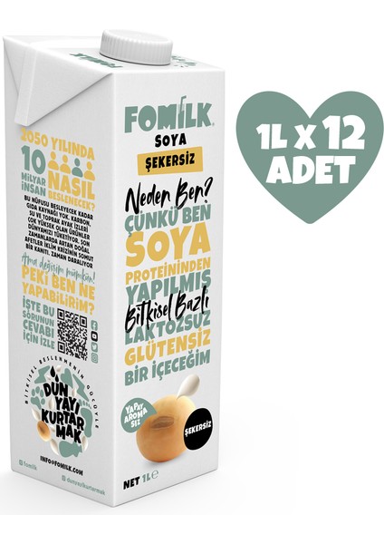 Soya Sütü 1 L X12 Glutensiz Bitkisel Bazlı Laktozsuz Vegan Şekersiz