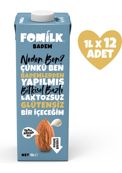 Badem Sütü 1 L X12 Glutensiz Bitkisel Bazlı Laktozsuz Vegan