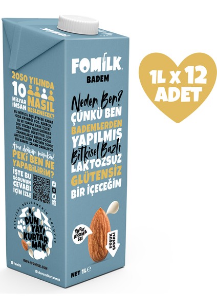 Badem Sütü 1 L X12 Glutensiz Bitkisel Bazlı Laktozsuz Vegan