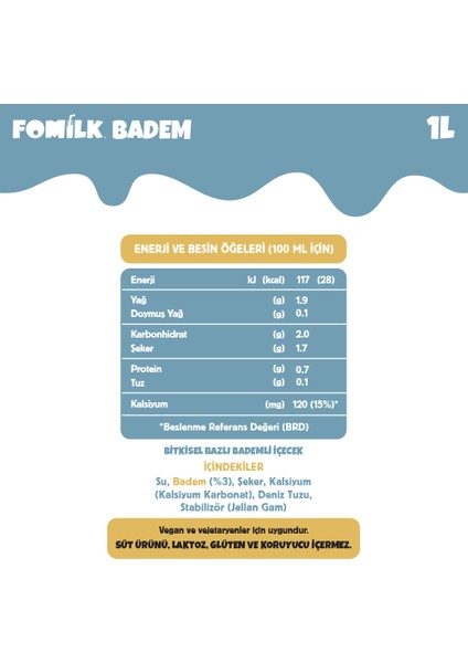 Badem Sütü 1 L X12 Glutensiz Bitkisel Bazlı Laktozsuz Vegan