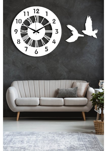 Dekoratif Beyaz Duvar Saati 50X50CM + Kuşlu Tablo