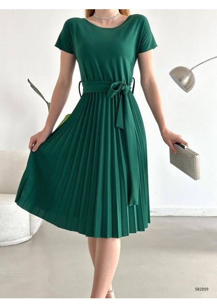 Eteği Pileli Beli Kuşaklı Krep Kumaş Elbise (Renkli) modelleri