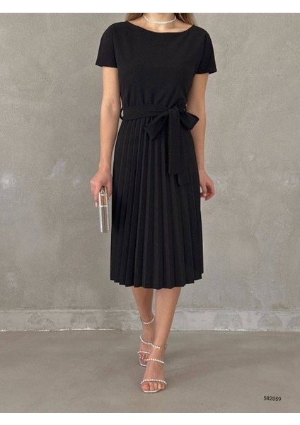 Eteği Pileli Beli Kuşaklı Krep Kumaş Elbise (Renkli) fiyatları