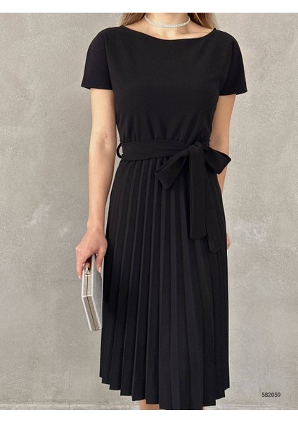 Eteği Pileli Beli Kuşaklı Krep Kumaş Elbise (Renkli) modelleri