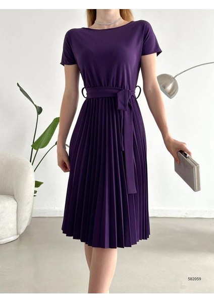 Eteği Pileli Beli Kuşaklı Krep Kumaş Elbise (Renkli) modelleri