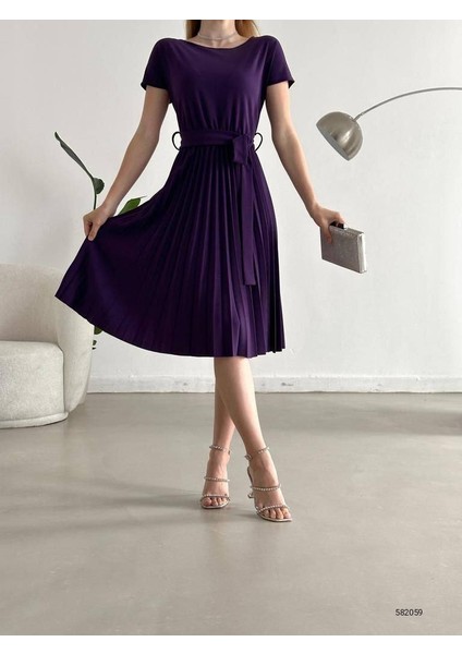 Eteği Pileli Beli Kuşaklı Krep Kumaş Elbise (Renkli)