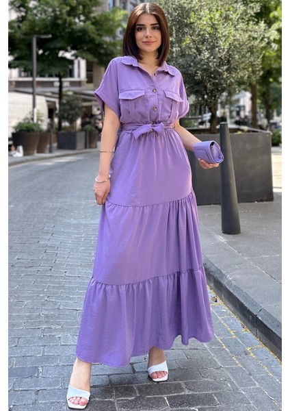 Mor Kısa Kol, Airobin Kumaş, Yarım Patlı, Kemerli/kuşaklı, Eteği Pliseli, Cepli Maxi Uzun Elbise