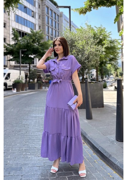 Mor Kısa Kol, Airobin Kumaş, Yarım Patlı, Kemerli/kuşaklı, Eteği Pliseli, Cepli Maxi Uzun Elbise fiyatları