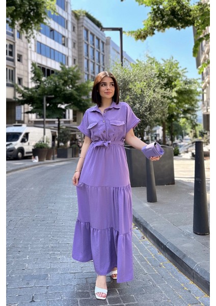 Mor Kısa Kol, Airobin Kumaş, Yarım Patlı, Kemerli/kuşaklı, Eteği Pliseli, Cepli Maxi Uzun Elbise modelleri