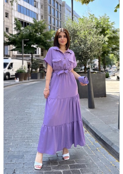 Mor Kısa Kol, Airobin Kumaş, Yarım Patlı, Kemerli/kuşaklı, Eteği Pliseli, Cepli Maxi Uzun Elbise fırsatları